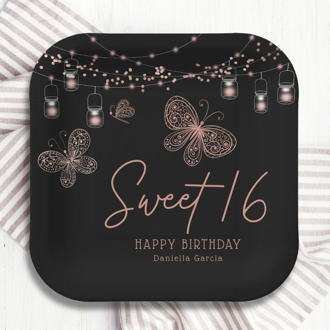 Sweet 16 Rose Gold Butterfly Chic Modern Birthday  Paper Plate (Creator Uploaded)