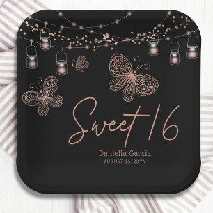 Sweet 16 Rose Gold Butterfly Chic Modern Birthday Paper Plate