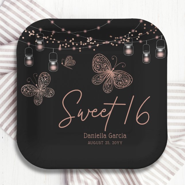 Sweet 16 Rose Gold Butterfly Chic Modern Birthday Paper Plate (Creator Uploaded)