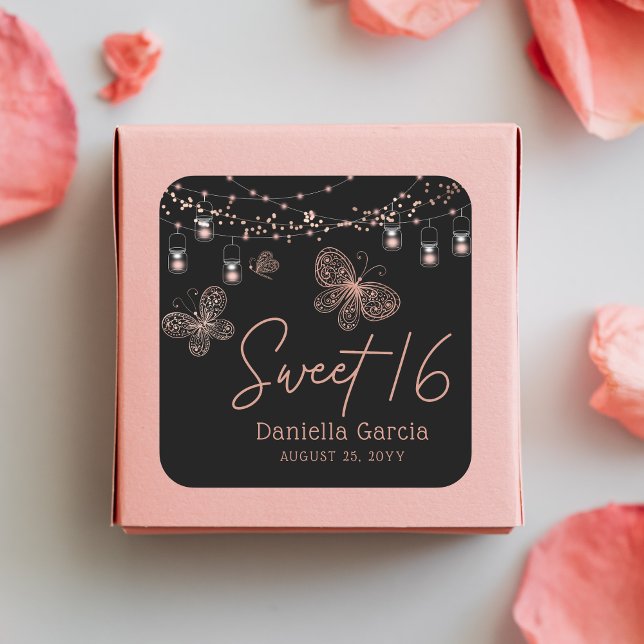 Sweet 16 Rose Gold Butterfly Chic Modern Birthday Square Sticker (Creator Uploaded)
