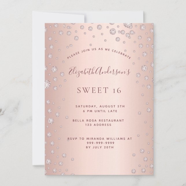 Sweet 16 rose gold diamond sprinkle invitation (Front)