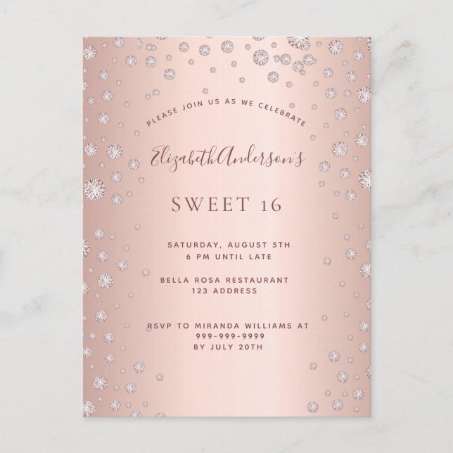 Sweet 16 rose gold diamonds glamourous invitation postcard (Front)