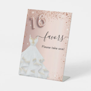 Sweet 16 rose gold dress party favours pedestal sign