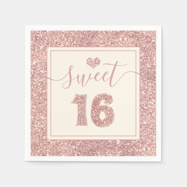 Sweet 16 Rose Gold Faux Glitter Birthday Party Napkin (Front)