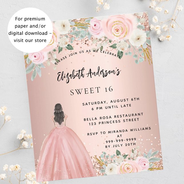 Sweet 16 rose gold flowers dress budget invitation flyer (Creator Uploaded)