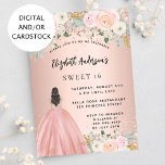 Sweet 16 rose gold flowers dress invitation<br><div class="desc">A modern,  stylish and glamourous invitation for a Sweet 16,  16th birthday party.  A rose gold background with blush pink flowers,  a girl wearing a ball gown.  The name is written with a modern hand lettered style script.  Personalise and add your party details.</div>