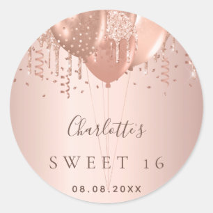 Sweet 16 rose gold glitter balloons monogram 16th classic round sticker