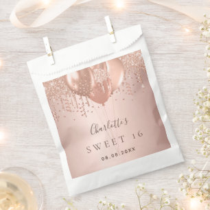 Sweet 16 rose gold glitter balloons monogram 16th favour bags