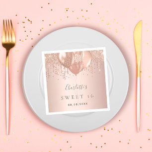 Sweet 16 rose gold glitter balloons monogram 16th napkin