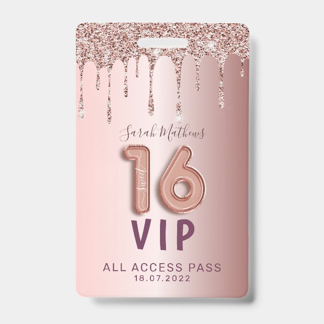 Sweet 16 Rose Gold Glitter Birthday Invitation  ID Badge (Front)