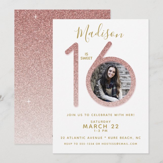 Sweet 16 Rose Gold Glitter Birthday Photo Invitation (Front/Back)