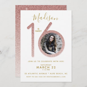 Sweet 16 Rose Gold Glitter Birthday Photo Invitation