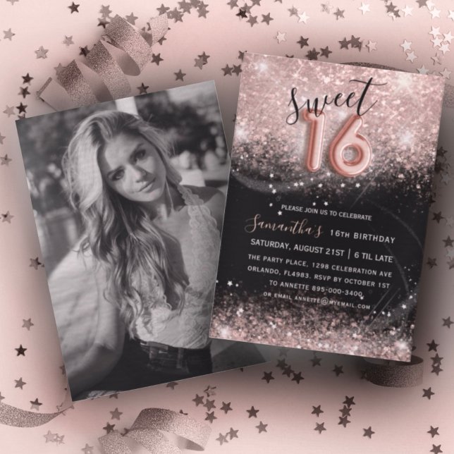 Sweet 16 Rose Gold Glitter & Black Party Invitation (Creator Uploaded)