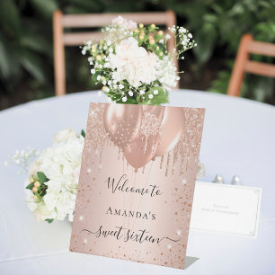 Sweet 16 rose gold glitter blush party welcome pedestal sign