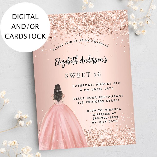 Sweet 16 rose gold glitter dress party invitation (Creator Uploaded)