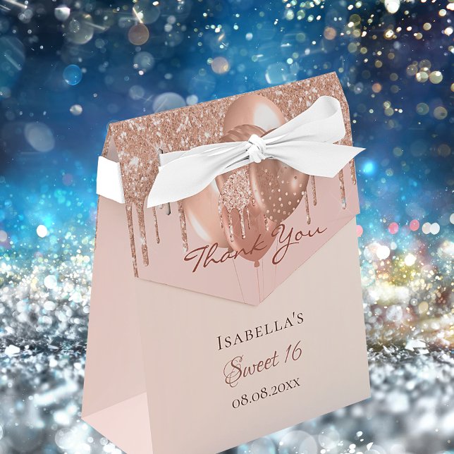 Sweet 16 rose gold glitter drip balloons thank you favour box (Creator Uploaded)