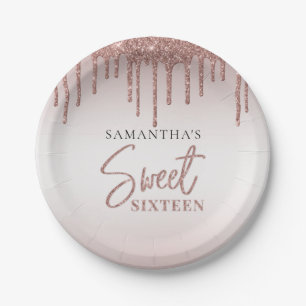 Sweet 16 Rose Gold Glitter Drip Script Birthday Paper Plate