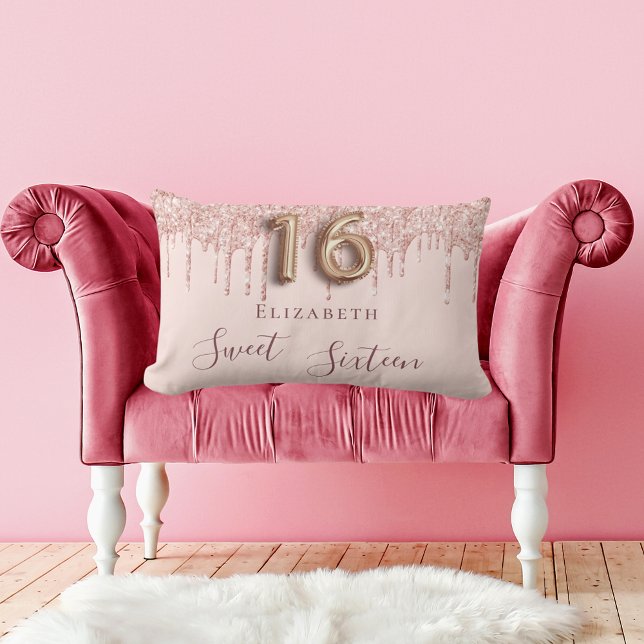 Sweet 16 rose gold glitter drips name lumbar cushion (Creator Uploaded)
