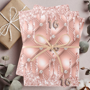 Sweet 16 rose gold glitter drips pink luxury wrapping paper sheet