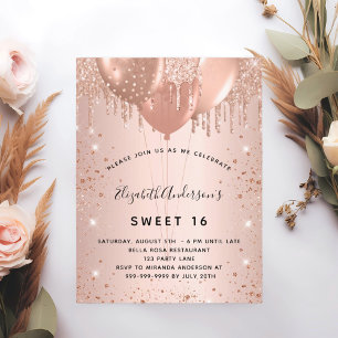 Sweet 16 rose gold glitter drops balloons 16th invitation postcard