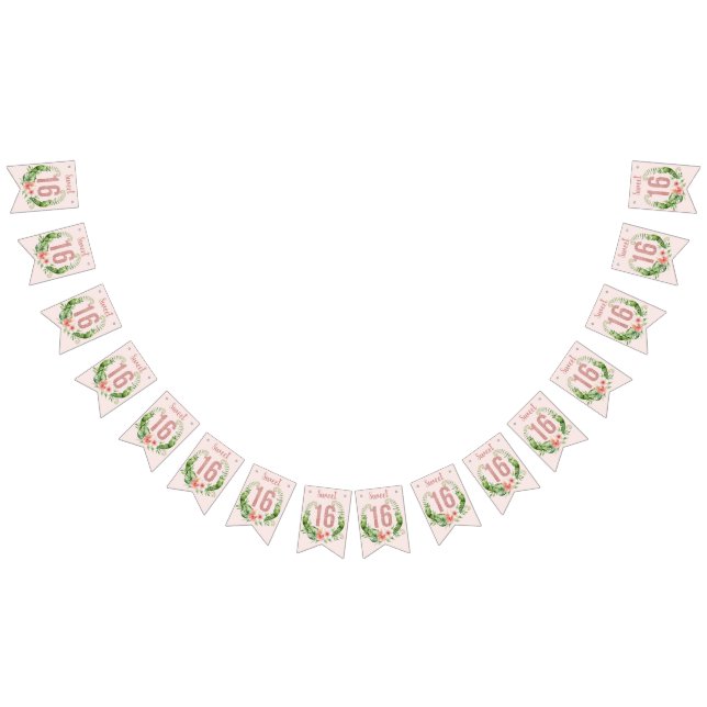 Sweet 16 Rose Gold Glitter Girly Floral Bunting (All)