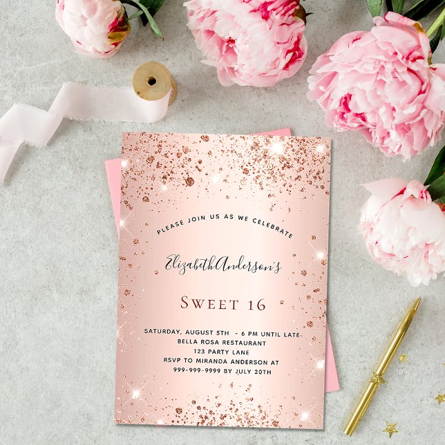 Sweet 16 rose gold glitter glamorous invitation (Creator Uploaded)