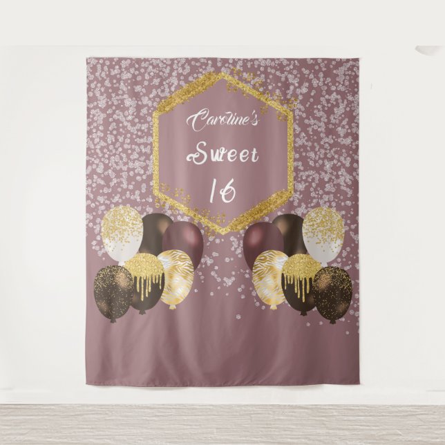 Sweet 16 Rose Gold Glitter & Glitter Party Balloon Tapestry (Front)