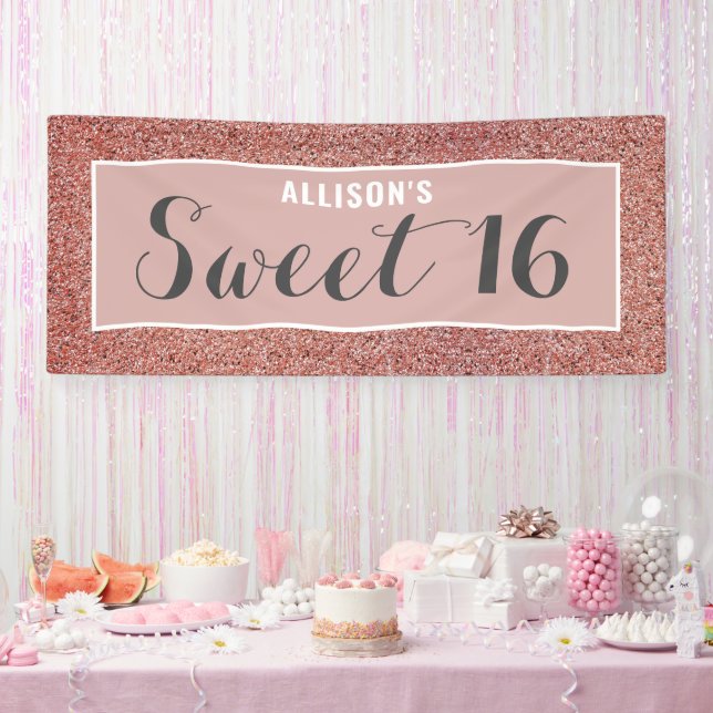 Sweet 16 Rose Gold Glitter Personalised Banner (Party)