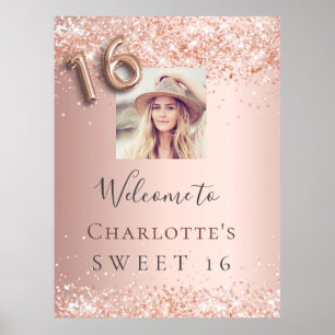 Sweet 16 rose gold glitter photo welcome party poster