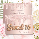 Sweet 16 rose gold glitter pink 16th invitation<br><div class="desc">For a luxurious Sweet 16,  16th birthday party. A rose gold faux metallic,  foil looking background with rose gold and pink faux glitter drips,  paint dripping look. The text: Sweet 16 is written with a balloon style font.  Personalise and add a name and party details</div>