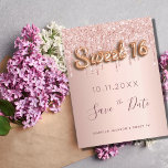 Sweet 16 rose gold glitter pink save the date announcement postcard<br><div class="desc">A girly and trendy Save the Date card for a Sweet 16, 16th birthday party. A feminine pink, rose gold faux metallic looking background decorated with faux rose gold glitter drips. Personalise and add date and name and text. Dark rose gold coloured letters. The text: Save the Date is written...</div>