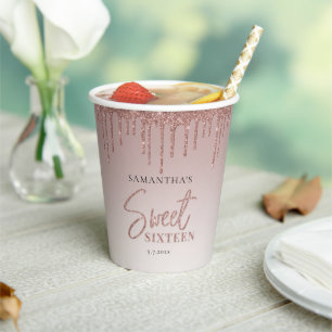 Sweet 16 Rose Gold Glitter Script Birthday Party Paper Cups