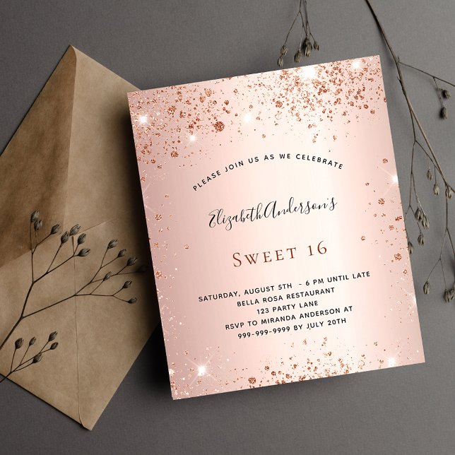 Sweet 16 rose gold party budget invitation flyer (Creator Uploaded)