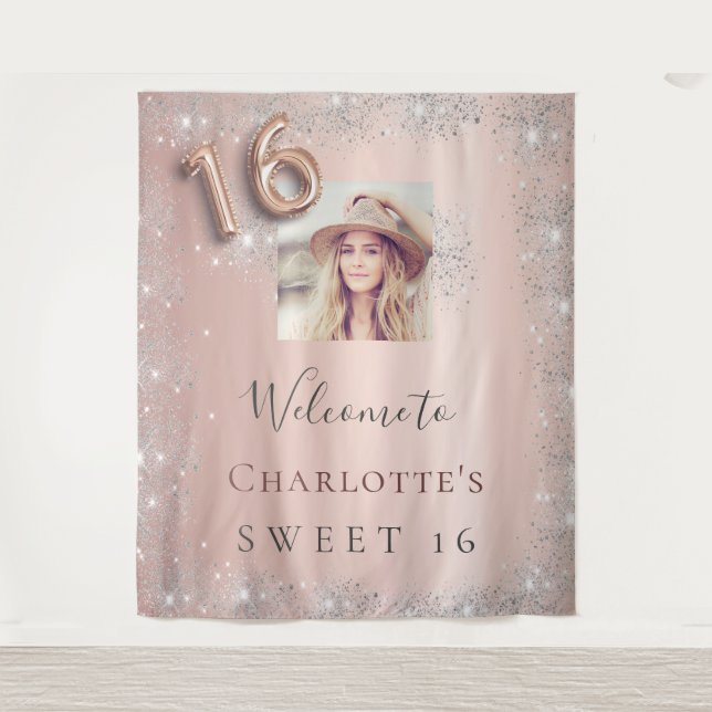 Sweet 16 rose gold photo silver glitter welcome tapestry (Front)