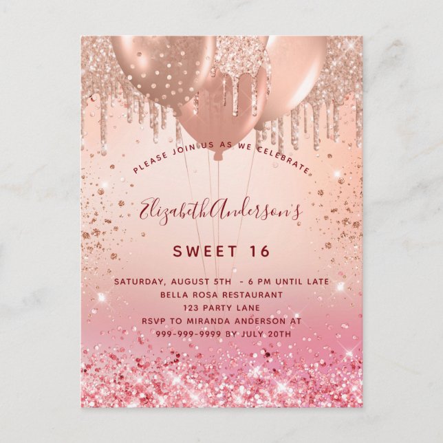 Sweet 16 rose gold pink balloons budget invitation (Front)