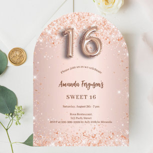 Sweet 16 rose gold pink confetti arch invitation