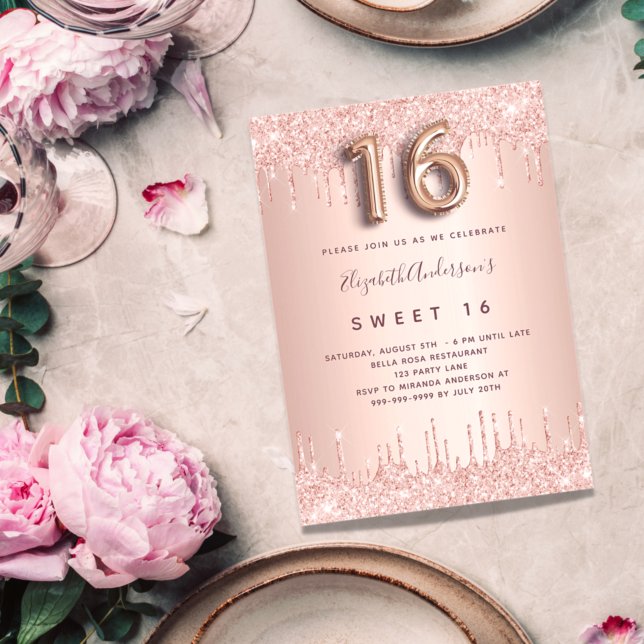 Sweet 16 rose gold pink drips invitation (Creator Uploaded)