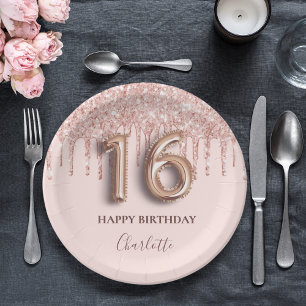 Sweet 16 rose gold pink drips paper plate