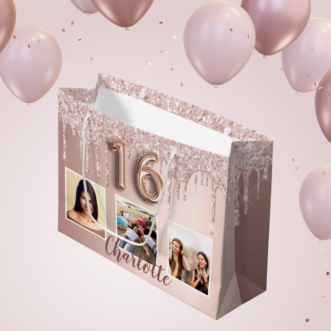 Sweet 16 rose gold pink drips photo monogram large gift bag (Creator Uploaded)