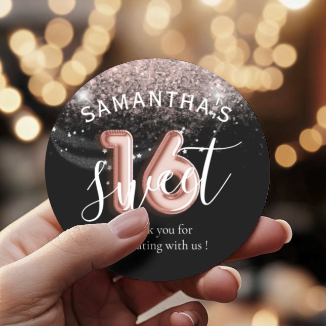 Sweet 16 Rose Gold Pink Glitter Balloon Style  Classic Round Sticker (Creator Uploaded)
