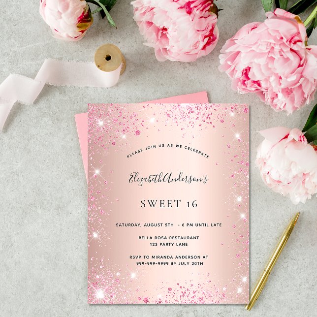 Sweet 16 rose gold pink glitter budget invitation flyer (Creator Uploaded)