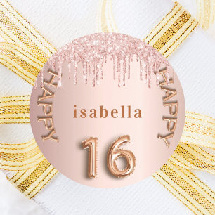 Sweet 16 rose gold pink glitter drips classic round sticker