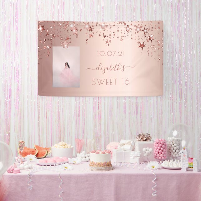 Sweet 16 rose gold pink stars photo banner (Party)