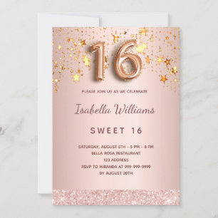 Sweet 16 rose gold pink stars script invitation