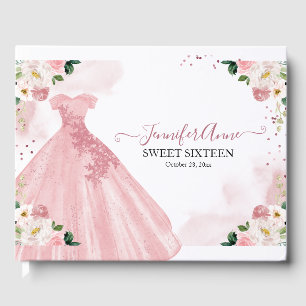 Sweet 16 Rose Gold Pink Watercolor Flowers Dress Guest Book