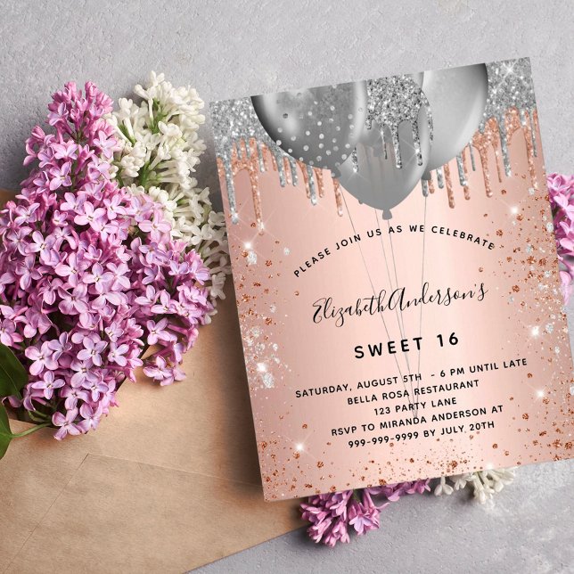 Sweet 16 rose gold silver balloons invitation (Creator Uploaded)