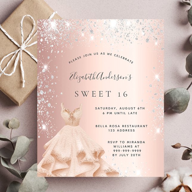 Sweet 16 rose gold silver glitter dress invitation postcard (Creator Uploaded)
