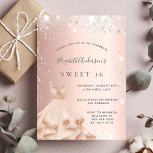 Sweet 16 rose gold silver glitter dust dress invitation