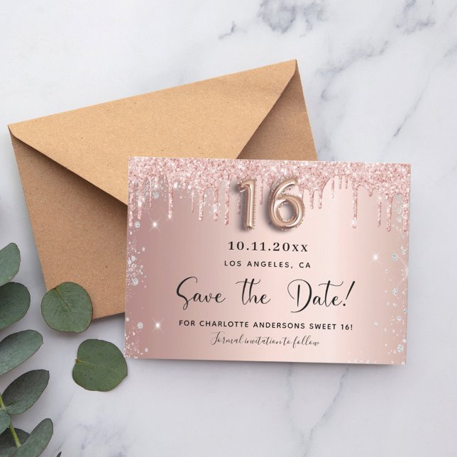 Sweet 16 rose gold silver glitter save the date (Creator Uploaded)