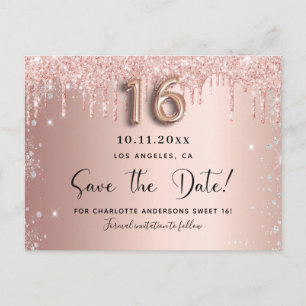 Sweet 16 rose gold silver save the date announcement postcard